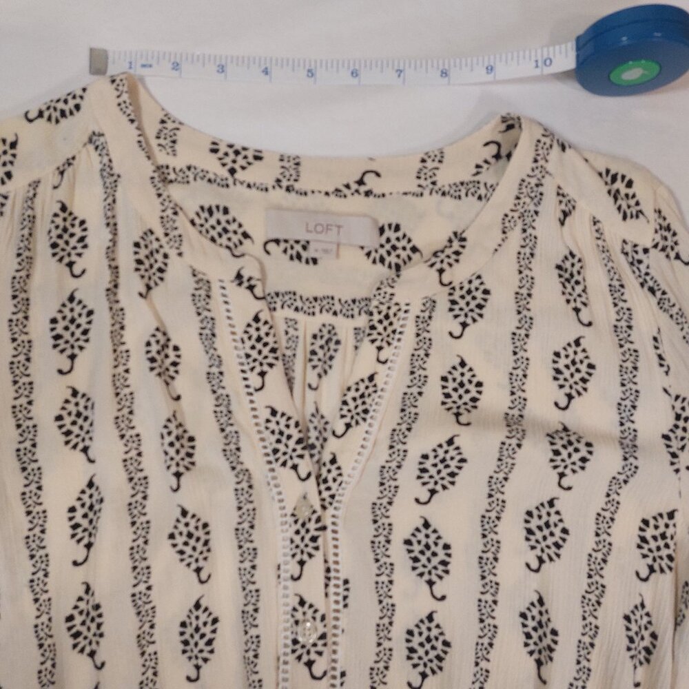 Loft Cream and Black Long Sleeve Half Button Down Boho Sheath Dress - Picture 8 of 15
